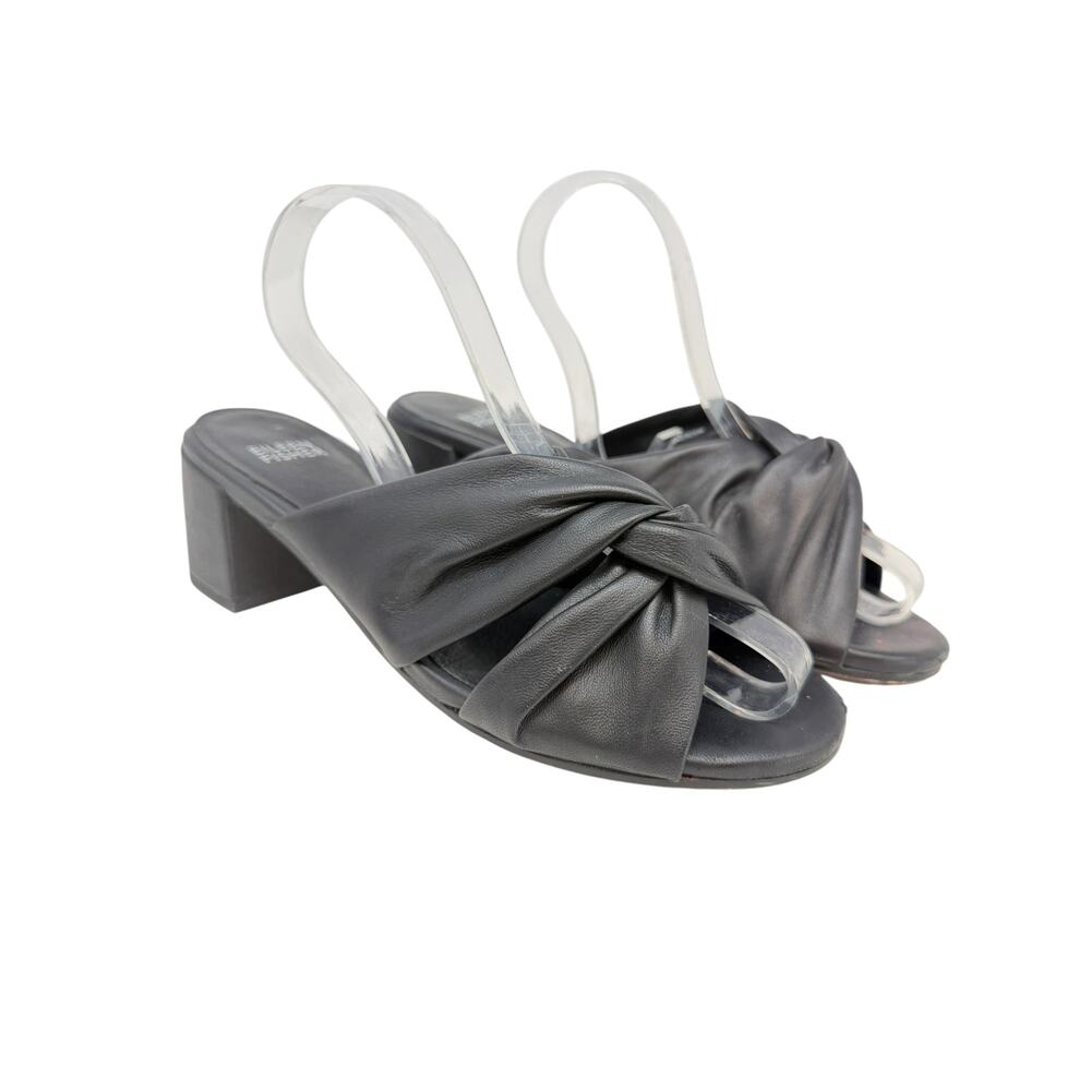 Eileen Fisher Black Leather Twist Knot Block Heel Slide Sandals Size 7.5